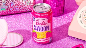 a pink can of soda of Barbie and swoon collaboration