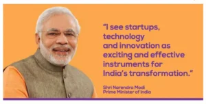 a picture of narendra modi, prime minister of india with a quote about startups