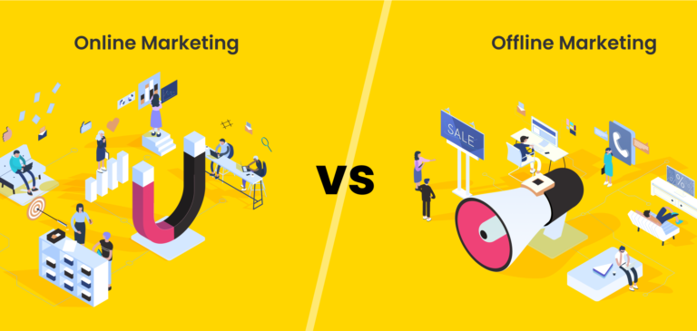 Illustration comparing online marketing to offline marketing activities on a split yellow background.