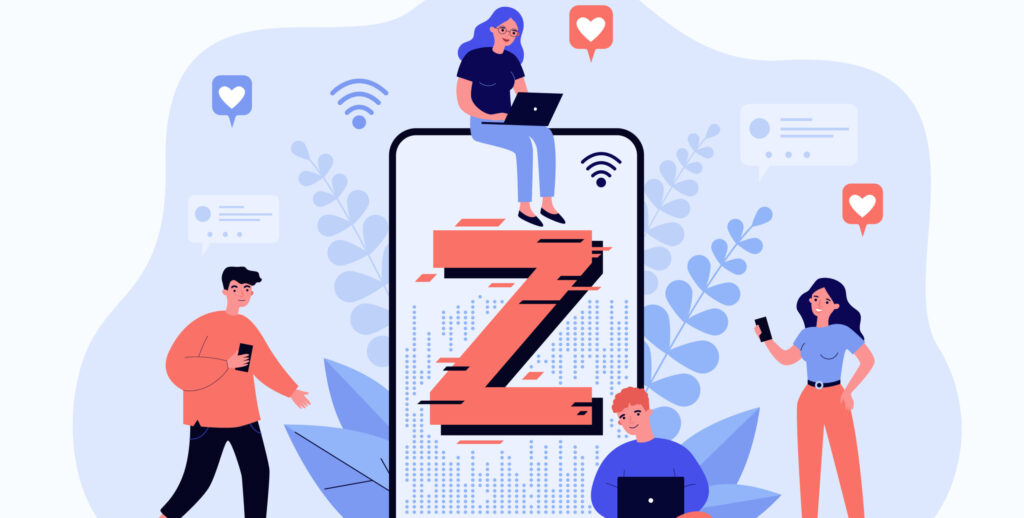 Illustration of people with digital devices around a giant smartphone with a stylized 'GenZ.'