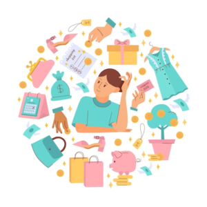 Illustration of a GenZ girl surrounded by shopping and finance icons, pondering over a budget.