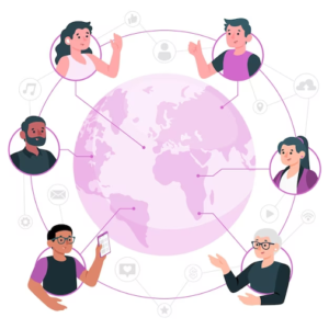 Illustration of diverse individuals connected around a globe, symbolizing global communication and networking.