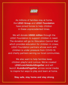 LEGO announcement of a $50M donation to help children during COVID-19 on a red background, for the festive season. 