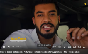 Video playback screen with title about boosting testosterone naturally and supplement advertisement.