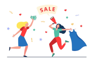 Illustration of two women excited about a discount, one holding money and the other with a megaphone and dress.