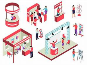 Isometric illustration of a trade show with various booths and people interacting.