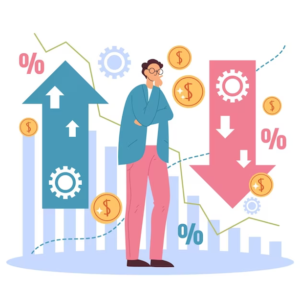 Illustration of a person contemplating financial graphs with contrasting up and down arrows.