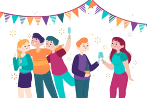 Illustration of a group of people celebrating festivals, holding drinks, with party decorations.