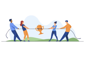 Illustration of four individuals in a tug of war over a trophy cup.